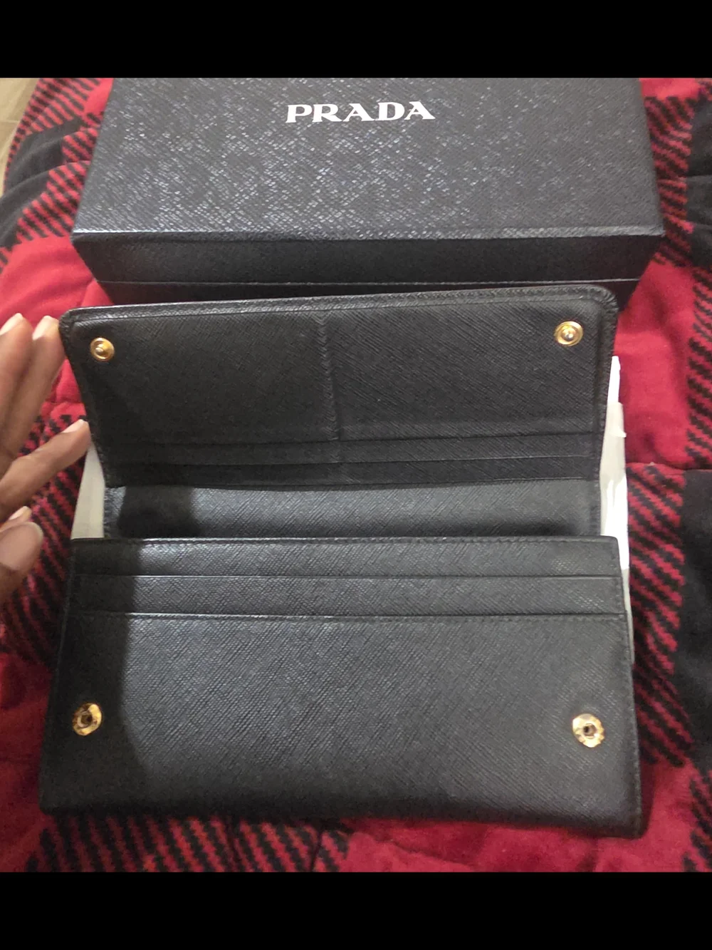 Prada Black Saffiano Leather Wallet with Card Holder and Chain
